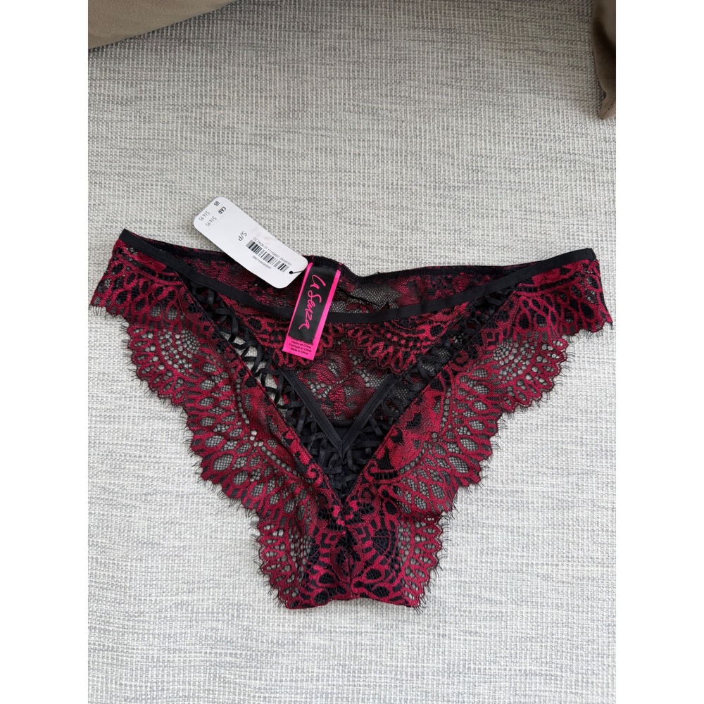 La Senza Red Black Lace Strappy Brazilian Panty Eyelash Trim NWT Small